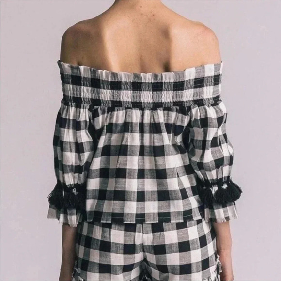 MISA Los Angeles Gingham Tassel Sleeve Off the Shoulder Top Size Small - Picture 9 of 9